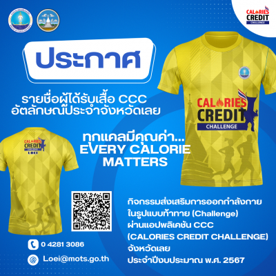 ประกาศ รายชื่อผู้ที่ได้รับของที่ระลึก  กิจกรรมการออกกำลังกายและเล่นกีฬาสะสมแคลอรี แอปพลิเคชัน CCC (CALORIES CREDIT CHALLENGE) ในระดับจังหวัด  ทุกแคลมีคุณค่า "ชวนคนไทย รวมทีมฟิต" ประจำปี 2567