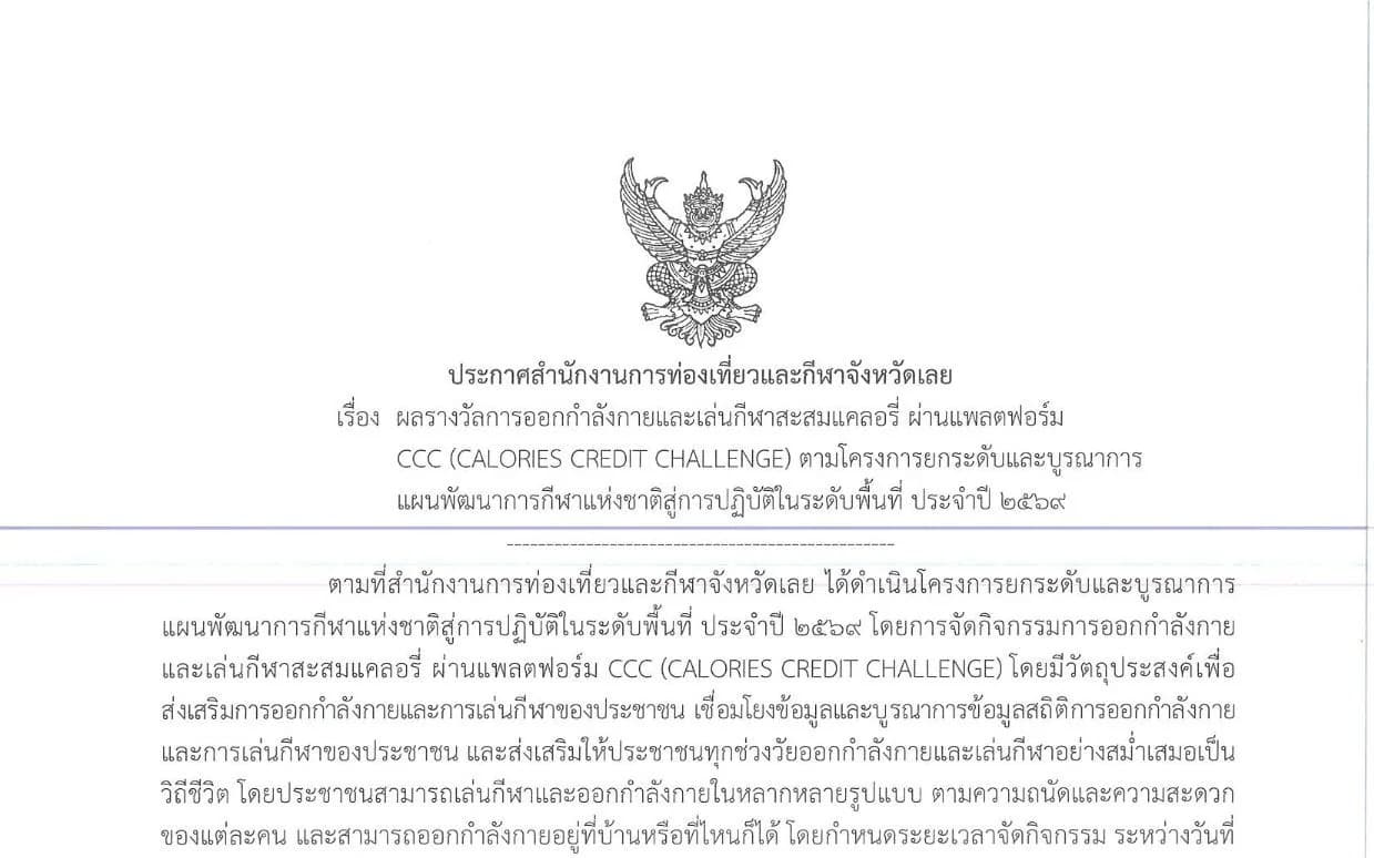 ผลรางวัลการออกกำลังกายและเล่นกีฬาสะสมแคลอรี่ ผ่านแพลตฟอร์ม CCC (CALORIES CREDIT CHALLENGE)